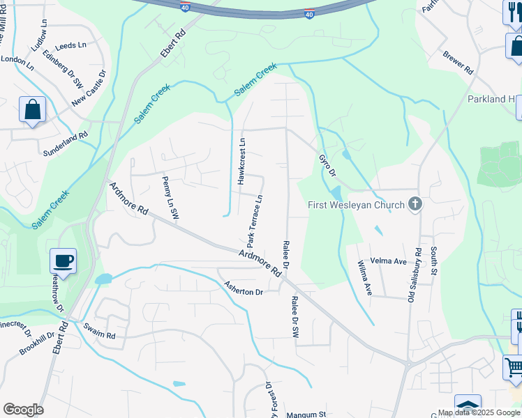 map of restaurants, bars, coffee shops, grocery stores, and more near 1701 Park Terrace Lane in Winston-Salem
