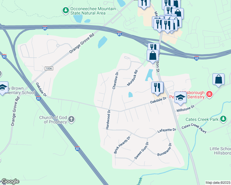 map of restaurants, bars, coffee shops, grocery stores, and more near 114 Cheshire Drive in Hillsborough