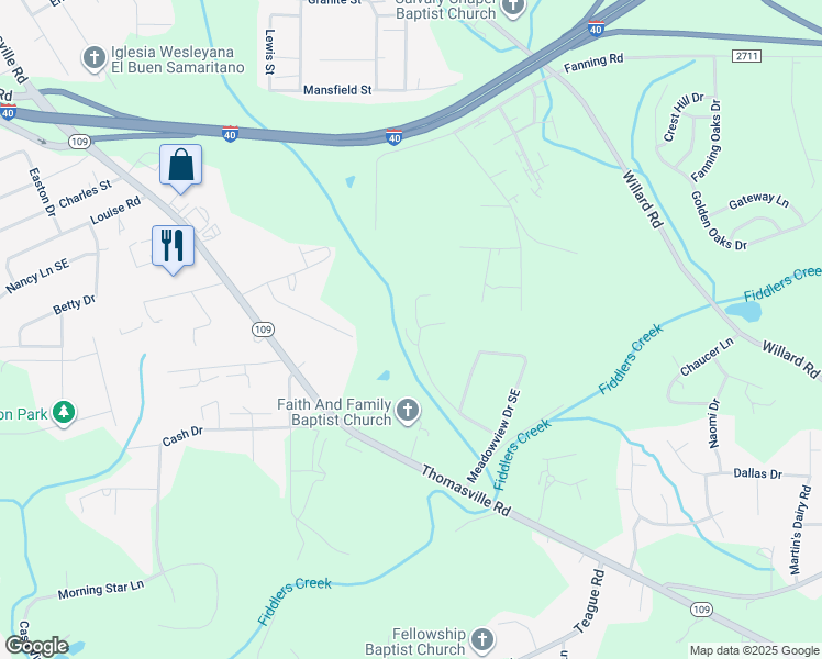 map of restaurants, bars, coffee shops, grocery stores, and more near 253 Stickney Road Southeast in Winston-Salem