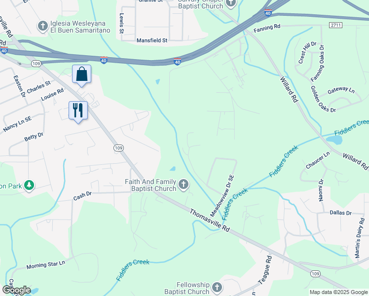 map of restaurants, bars, coffee shops, grocery stores, and more near 253 Stickney Road Southeast in Winston-Salem