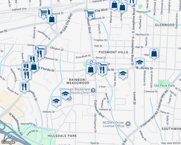 map of restaurants, bars, coffee shops, grocery stores, and more near in Greensboro