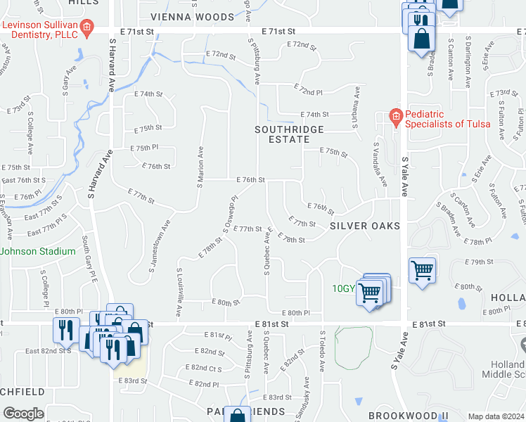 map of restaurants, bars, coffee shops, grocery stores, and more near 7644 South Quebec Avenue East in Tulsa