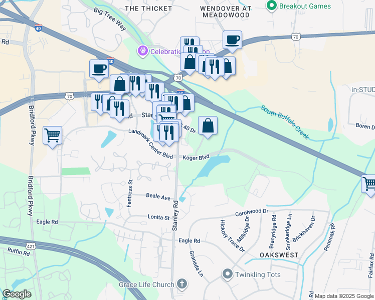 map of restaurants, bars, coffee shops, grocery stores, and more near 1703 Stanley Road in Greensboro