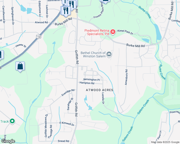 map of restaurants, bars, coffee shops, grocery stores, and more near 454 Peyton Court in Winston-Salem