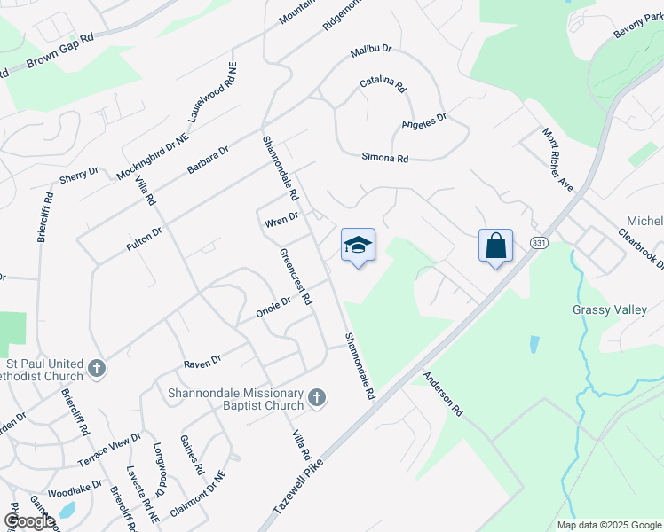 map of restaurants, bars, coffee shops, grocery stores, and more near 5408 Shannondale Road in Knoxville