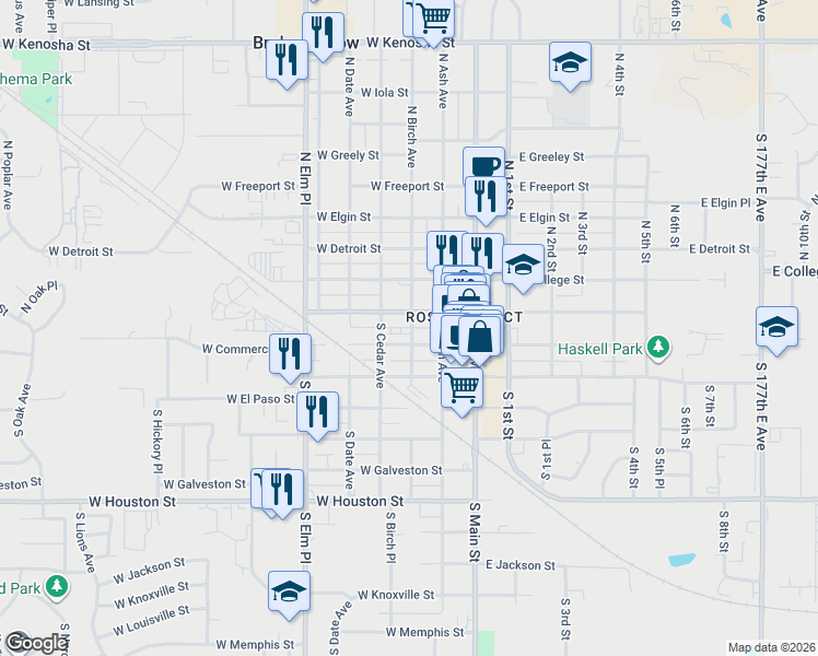 map of restaurants, bars, coffee shops, grocery stores, and more near 222 West Broadway Avenue in Broken Arrow