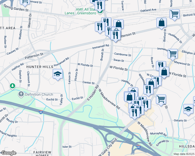 map of restaurants, bars, coffee shops, grocery stores, and more near 1418 Brandt Street in Greensboro