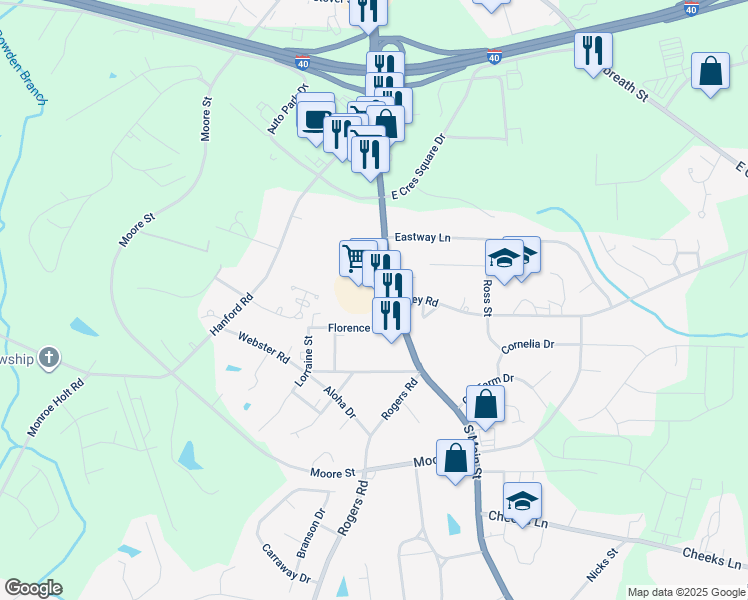 map of restaurants, bars, coffee shops, grocery stores, and more near 921 South Main Street in Graham