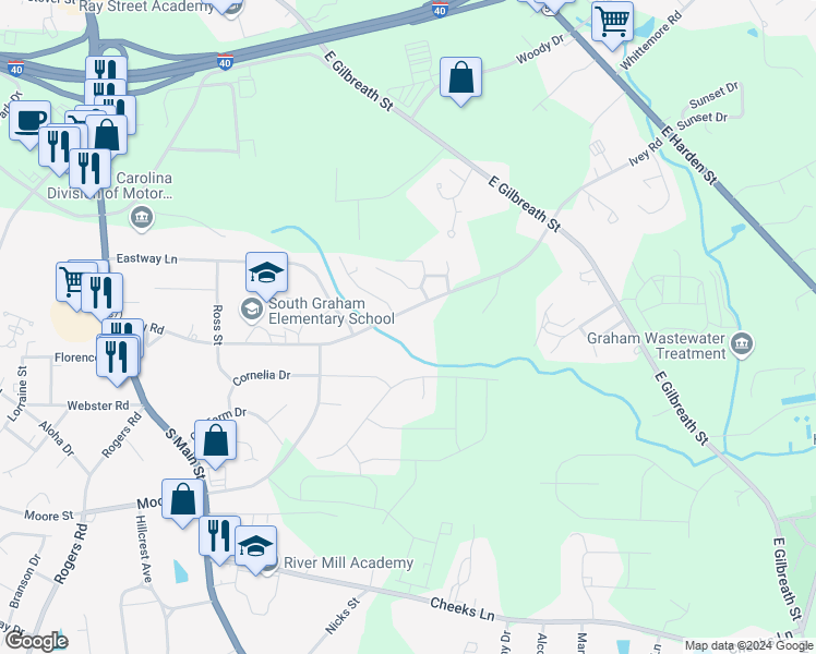 map of restaurants, bars, coffee shops, grocery stores, and more near 615 Ivey Road in Graham