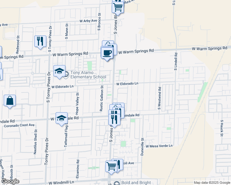 map of restaurants, bars, coffee shops, grocery stores, and more near 7600 South Jones Boulevard in Las Vegas