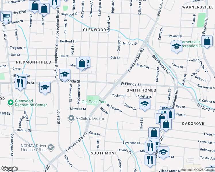 map of restaurants, bars, coffee shops, grocery stores, and more near 1507 Highland Avenue in Greensboro