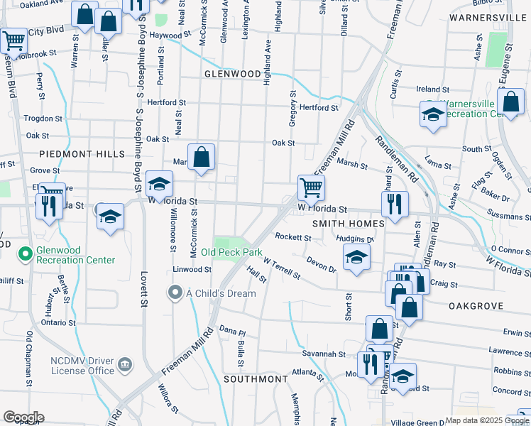map of restaurants, bars, coffee shops, grocery stores, and more near 1507 Highland Avenue in Greensboro