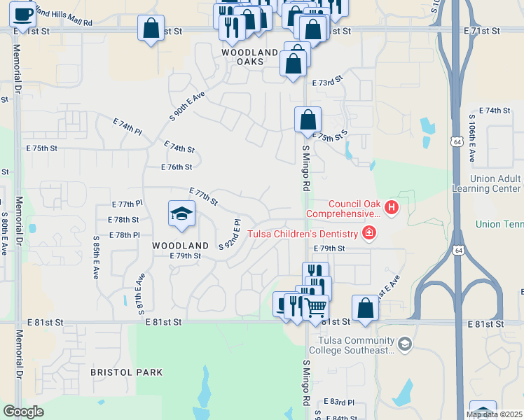 map of restaurants, bars, coffee shops, grocery stores, and more near 7637 South 94th East Avenue in Tulsa