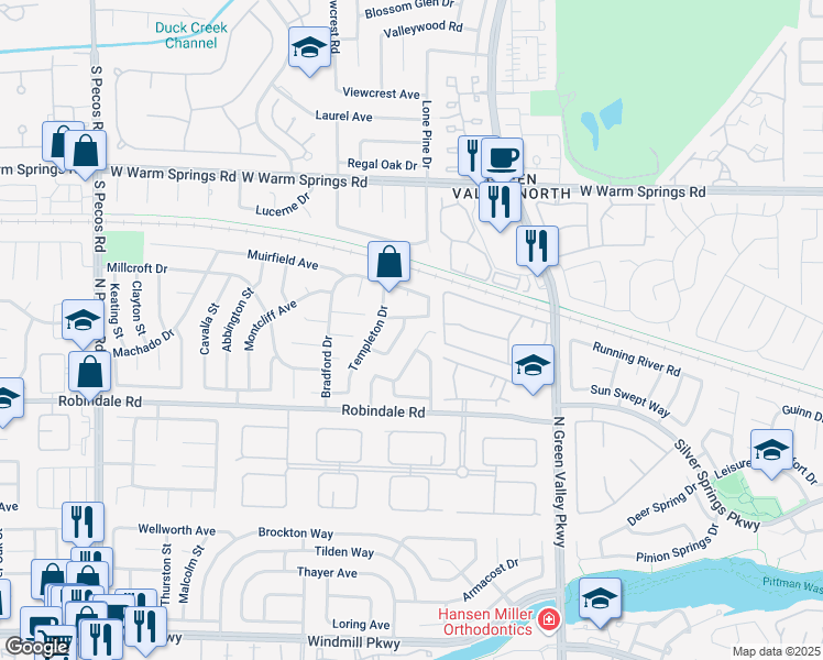 map of restaurants, bars, coffee shops, grocery stores, and more near 2305 Fairbourne Way in Henderson