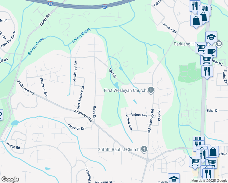 map of restaurants, bars, coffee shops, grocery stores, and more near 1788 Gyro Drive in Winston-Salem