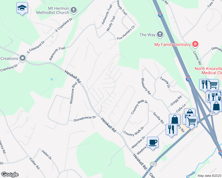map of restaurants, bars, coffee shops, grocery stores, and more near 8020 Hansboro Way in Powell