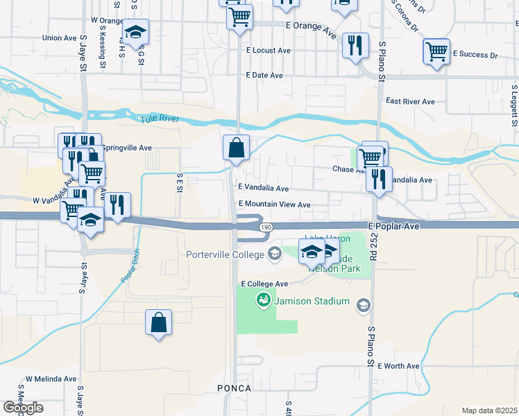 map of restaurants, bars, coffee shops, grocery stores, and more near 79 East Mountain View Avenue in Porterville
