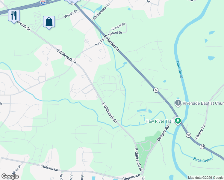 map of restaurants, bars, coffee shops, grocery stores, and more near 1054 East Gilbreath Street in Graham