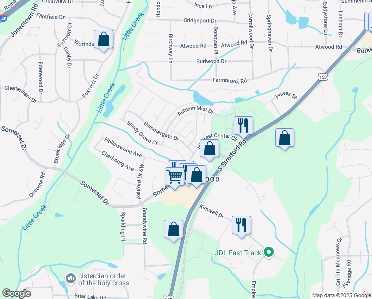map of restaurants, bars, coffee shops, grocery stores, and more near 323 Summergate Drive in Winston-Salem