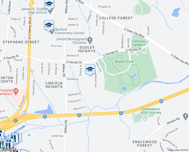 map of restaurants, bars, coffee shops, grocery stores, and more near 1610 Eastwood Avenue in Greensboro