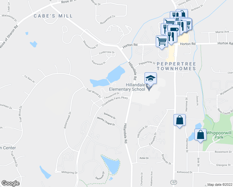 map of restaurants, bars, coffee shops, grocery stores, and more near Laurelwood Drive in Durham