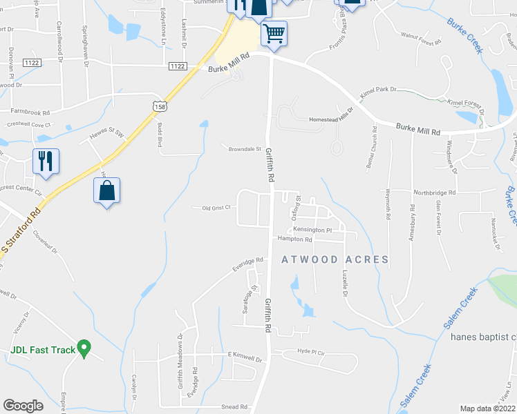 map of restaurants, bars, coffee shops, grocery stores, and more near 2461 Waterwheel Drive in Winston-Salem