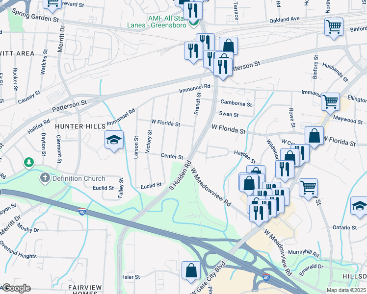 map of restaurants, bars, coffee shops, grocery stores, and more near 1418 Brandt Street in Greensboro