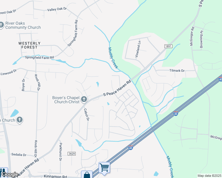 map of restaurants, bars, coffee shops, grocery stores, and more near 760 South Peace Haven Road in Winston-Salem