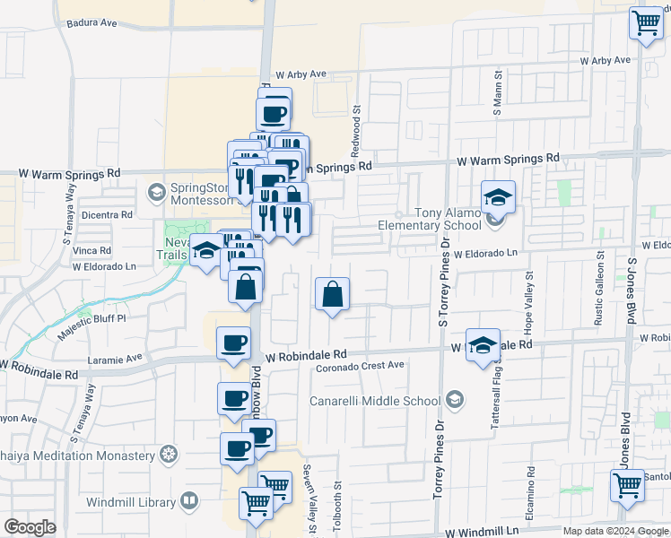 map of restaurants, bars, coffee shops, grocery stores, and more near 7526 Gossamer Wind Street in Las Vegas
