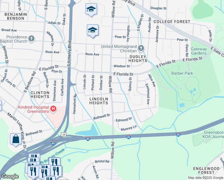 map of restaurants, bars, coffee shops, grocery stores, and more near 1625 Willow Road in Greensboro