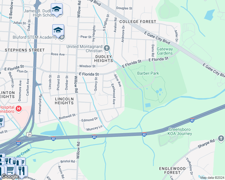 map of restaurants, bars, coffee shops, grocery stores, and more near 1610 Eastwood Avenue in Greensboro