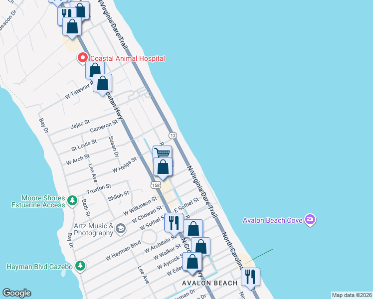 map of restaurants, bars, coffee shops, grocery stores, and more near 3123 North Virginia Dare Trail in Kill Devil Hills