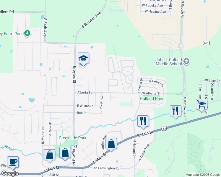 map of restaurants, bars, coffee shops, grocery stores, and more near 1209 South Gentle Valley Drive in Fayetteville