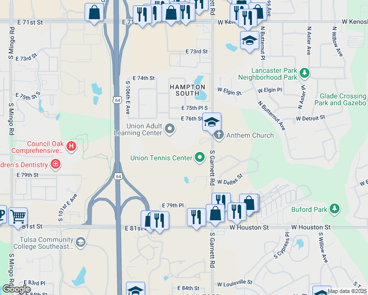 map of restaurants, bars, coffee shops, grocery stores, and more near 7616 South Garnett Road in Broken Arrow
