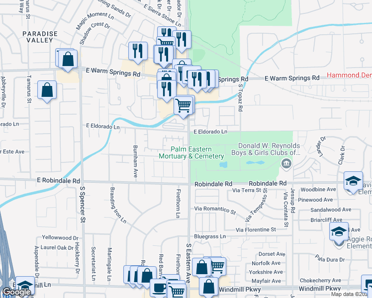 map of restaurants, bars, coffee shops, grocery stores, and more near 7566 Luna Del Rey Street in Las Vegas