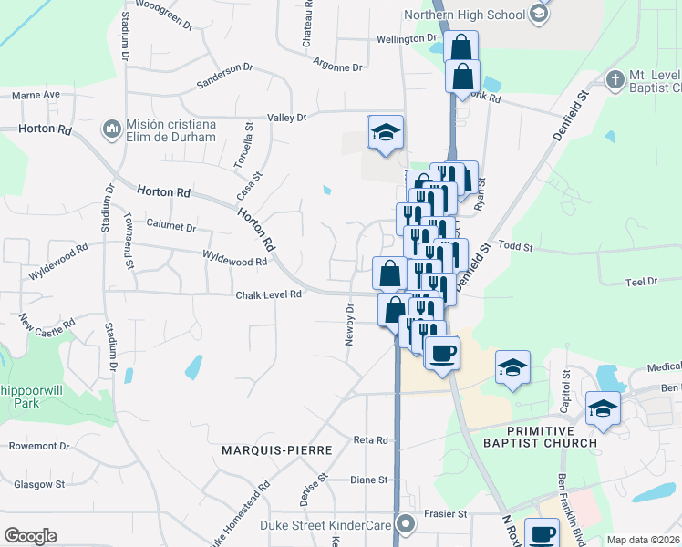 map of restaurants, bars, coffee shops, grocery stores, and more near 20 Stonewall Way in Durham