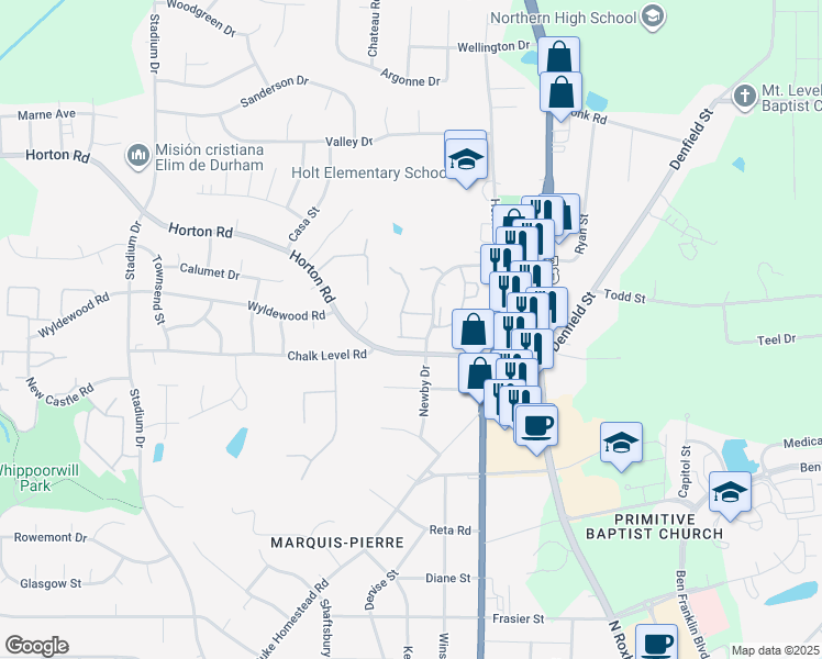 map of restaurants, bars, coffee shops, grocery stores, and more near 20 Stonewall Way in Durham