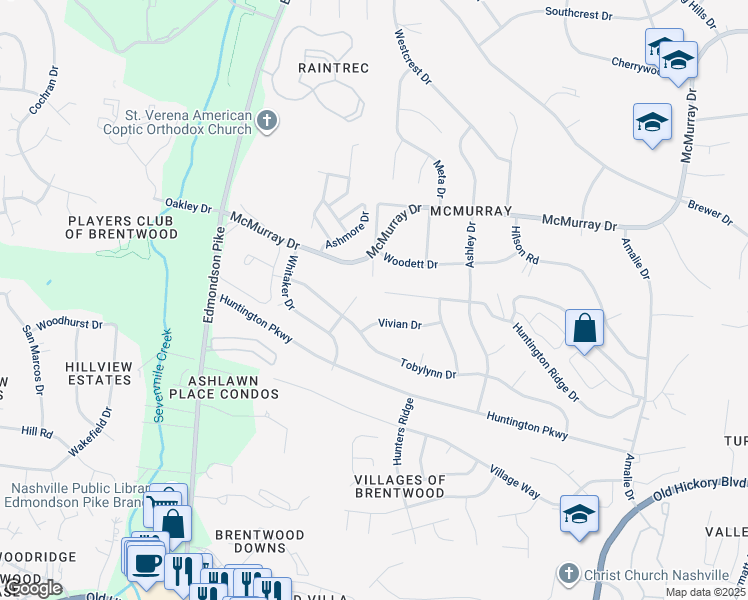 map of restaurants, bars, coffee shops, grocery stores, and more near 656 Huntington Ridge Drive in Nashville