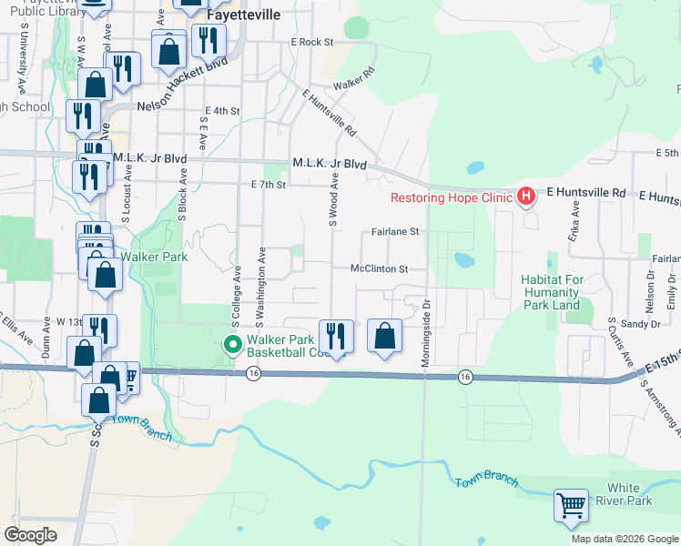 map of restaurants, bars, coffee shops, grocery stores, and more near 25 East Center Street in Fayetteville
