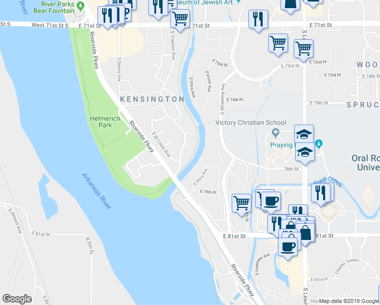map of restaurants, bars, coffee shops, grocery stores, and more near 2929 South Garnett Road in Tulsa