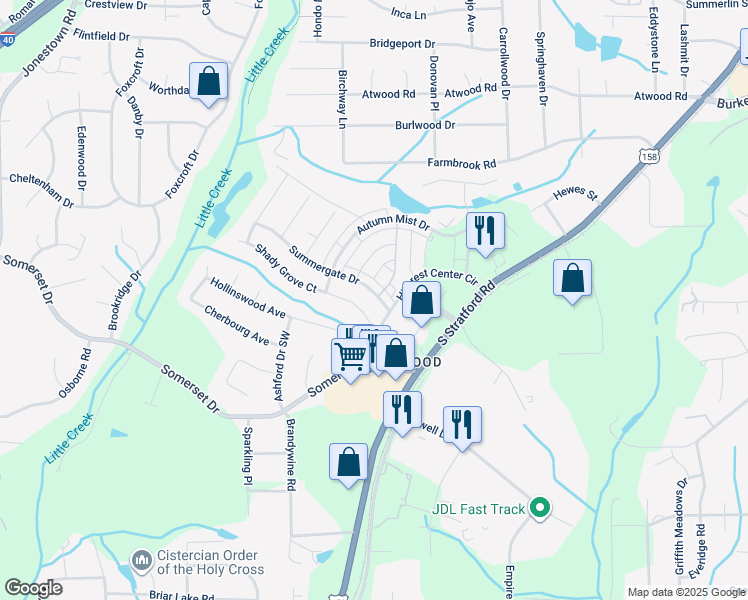 map of restaurants, bars, coffee shops, grocery stores, and more near 323 Summergate Drive in Winston-Salem