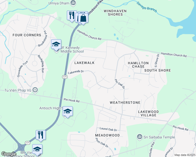 map of restaurants, bars, coffee shops, grocery stores, and more near 1089 Lakewalk Drive in Nashville