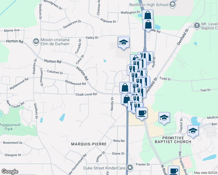 map of restaurants, bars, coffee shops, grocery stores, and more near 20 Stonewall Way in Durham