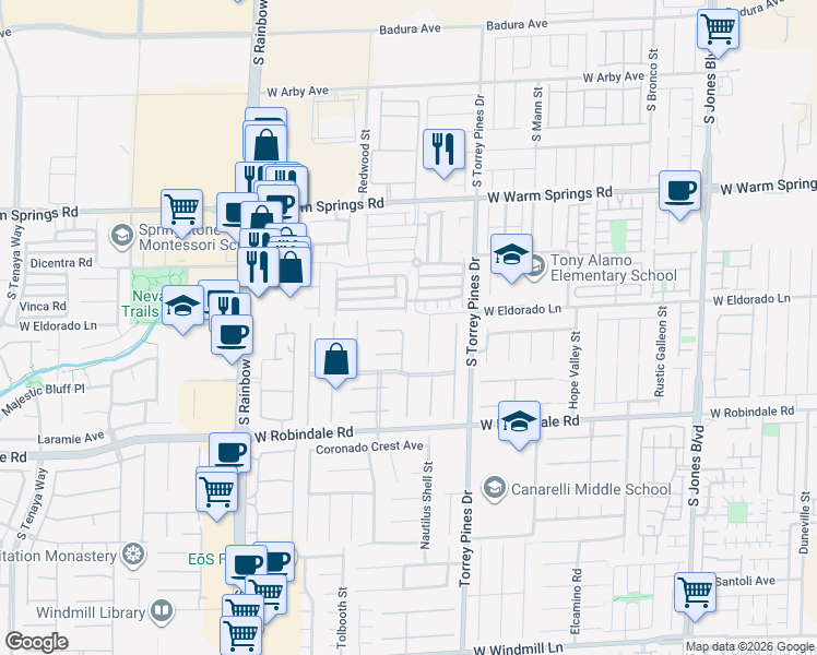 map of restaurants, bars, coffee shops, grocery stores, and more near 7522 Mystic Voyage Street in Las Vegas