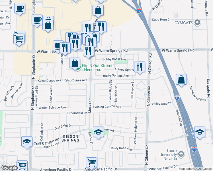 map of restaurants, bars, coffee shops, grocery stores, and more near 1199 Sunfire Street in Henderson