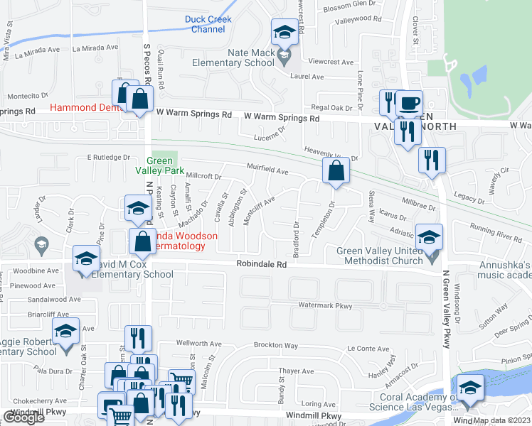 map of restaurants, bars, coffee shops, grocery stores, and more near 2394 Millcroft Drive in Henderson