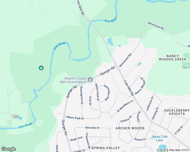 map of restaurants, bars, coffee shops, grocery stores, and more near 3211 Sparger Road in Durham