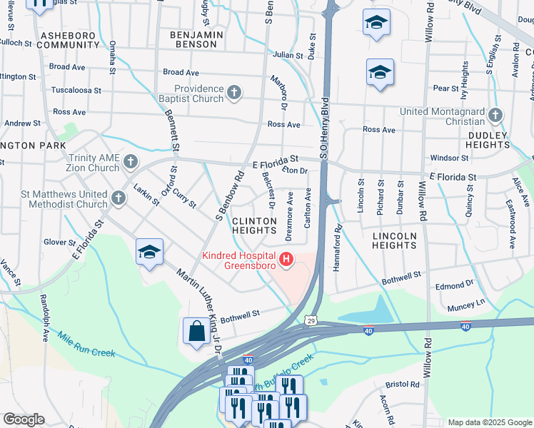 map of restaurants, bars, coffee shops, grocery stores, and more near 1910 Belcrest Drive in Greensboro