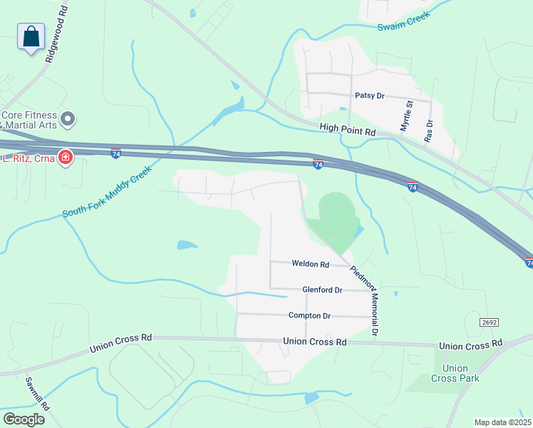 map of restaurants, bars, coffee shops, grocery stores, and more near Maxton Trail in Winston-Salem