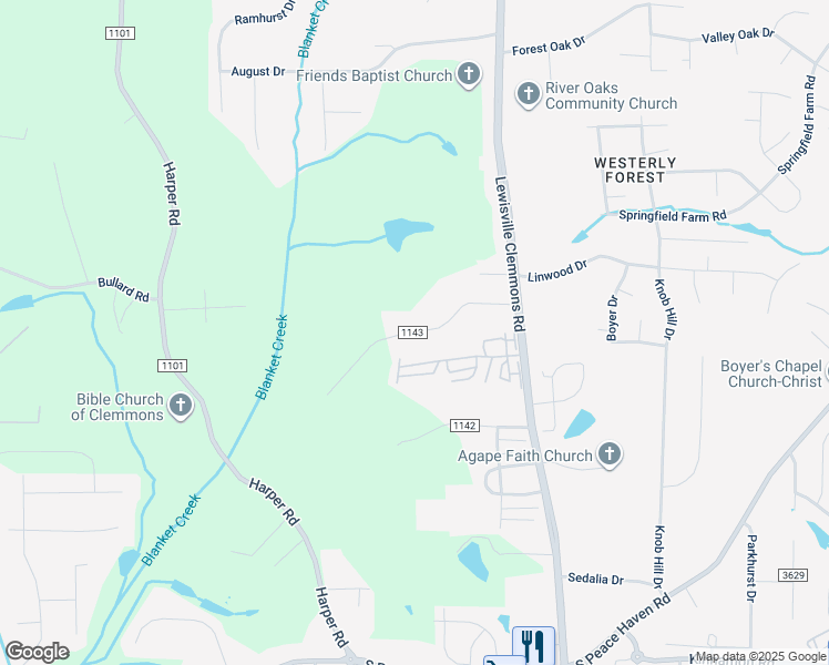 map of restaurants, bars, coffee shops, grocery stores, and more near Wishon Road in Clemmons